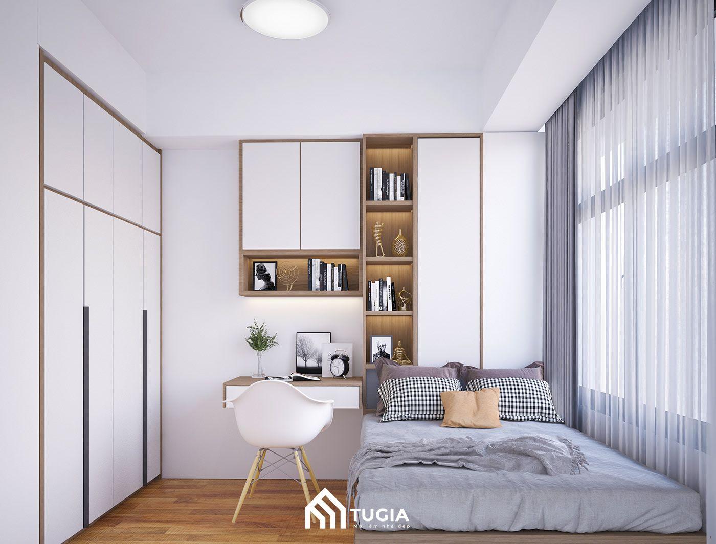 Phòng ngủ nhà ống 5m2 sử dụng tone màu trắng chủ đạo giúp căn phòng luôn sáng sủa, thông thoáng