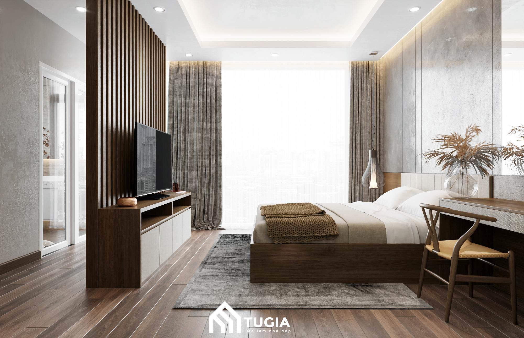 Vách ngăn phòng ngủ bằng gỗ giúp đảm bảo sự riêng tư và tăng tính thẩm mỹ cho căn phòng ngủ master nhà ống