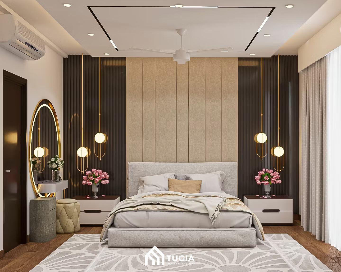Phong cách hiện đại sẽ sử dụng những đồ nội thất thông minh, hợp xu hướng như đèn âm trần, quạt trang trí đơn giản, giường ngủ bọc nỉ,..