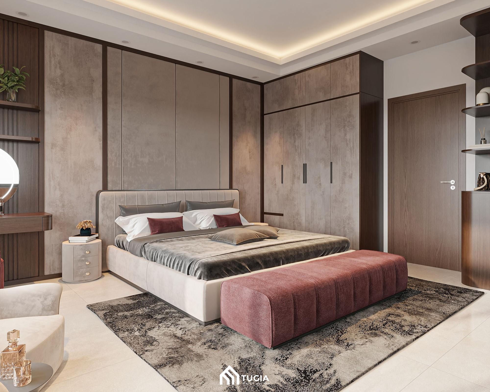 Phòng ngủ được thiết kế theo phong cách Tân cổ hiện đại với chất liệu vải nỉ nhung cao cấp mang đến cảm giác mềm mại cho phòng ngủ