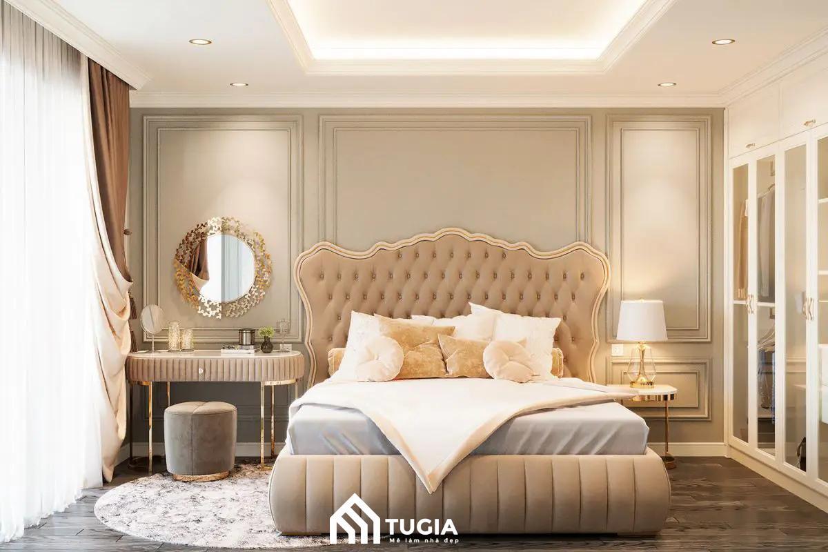Mẫu phòng ngủ phong cách châu Âu dành cho nhà ống sẽ sử dụng những vật liệu cao cấp như da nhập khẩu, vải nhung, nỉ,....