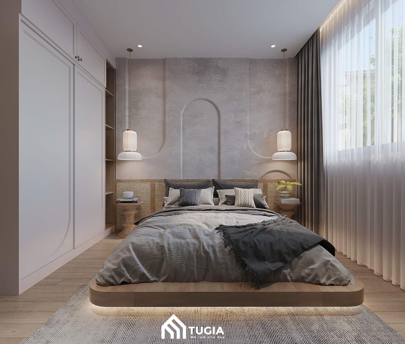 Phòng ngủ nhà ống kiểu Nhật sử dụng nội thất từ gỗ tự nhiên mang đến sự mộc mạc, gần gũi