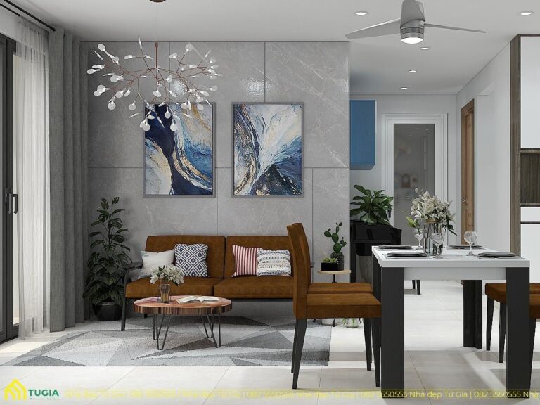 Sử dụng vách ốp đá marble vân mây và đèn chùm tăng cảm giác sang trọng, hiện đại cho phòng khách