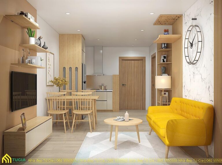 Chiếc ghế sofa màu vàng độc đáo tạo điểm nhấn cho căn phòng