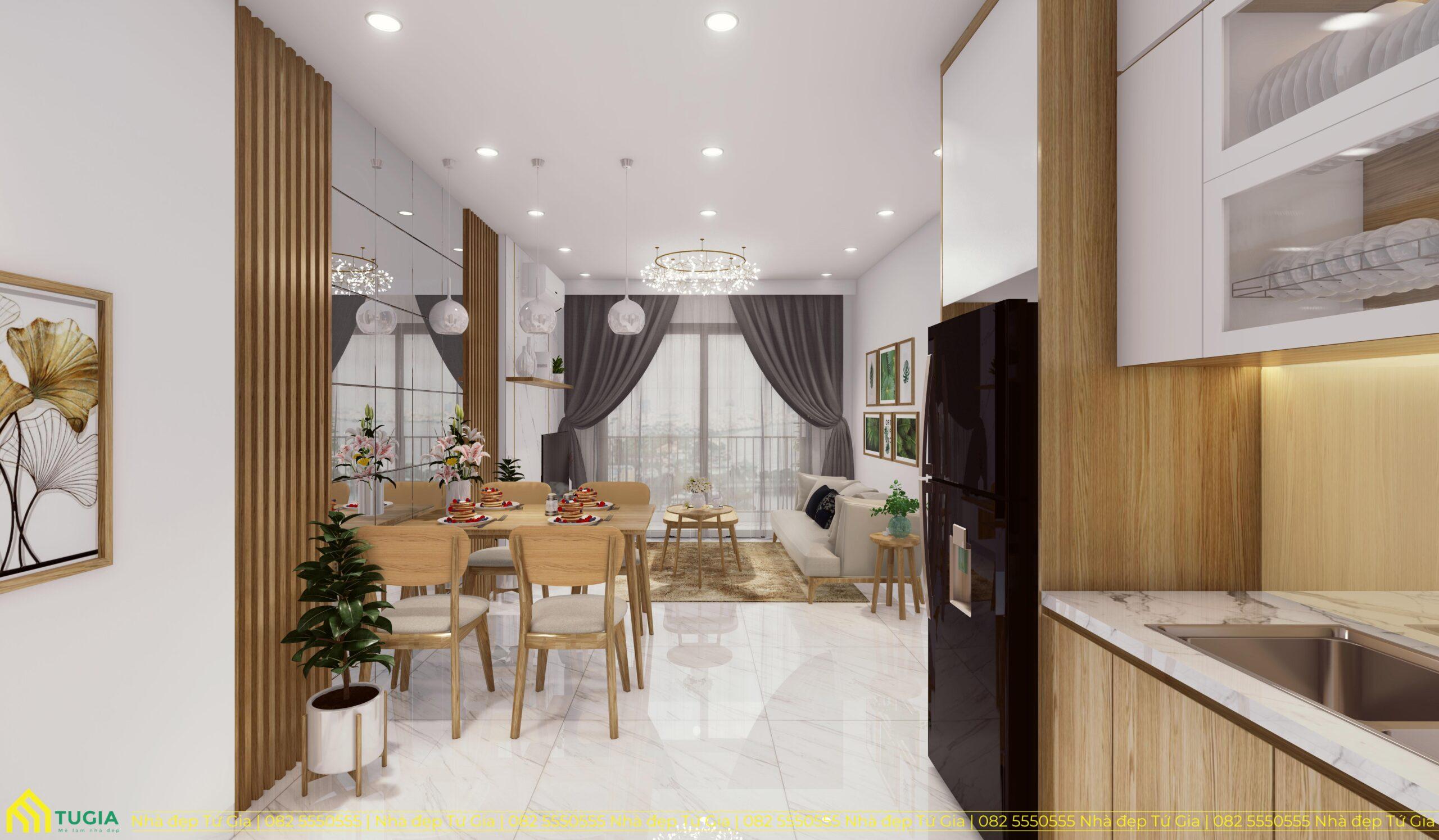 Việc không sử dụng vách ngăn để phân chia phòng khách và phòng bếp sẽ giúp không gian không bị bí bách hay trật trội