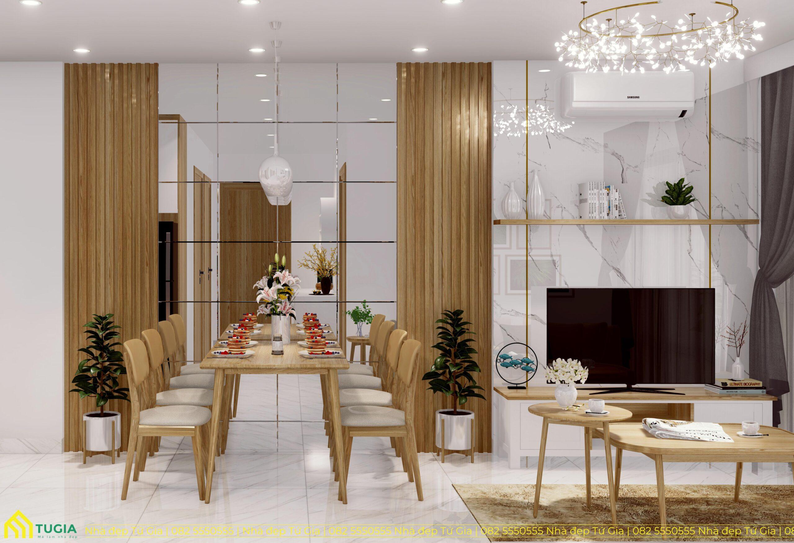 Bàn ăn được bố trí ngay cạnh phòng khách để giúp không gian trở nên rộng rãi và thuận tiện cho sinh hoạt hơn