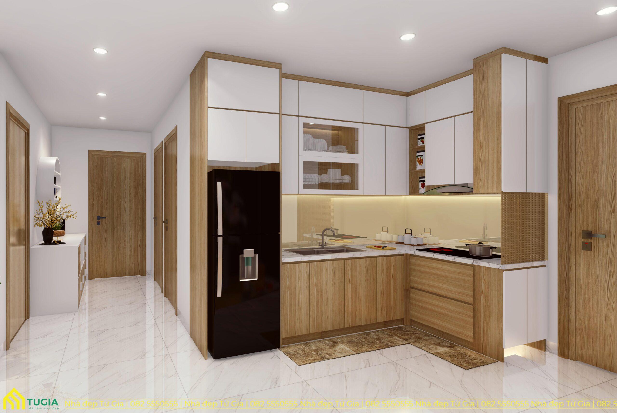 Phòng bếp được bố trí công năng tam giác đảm bảo thuận tiện khi sinh hoạt