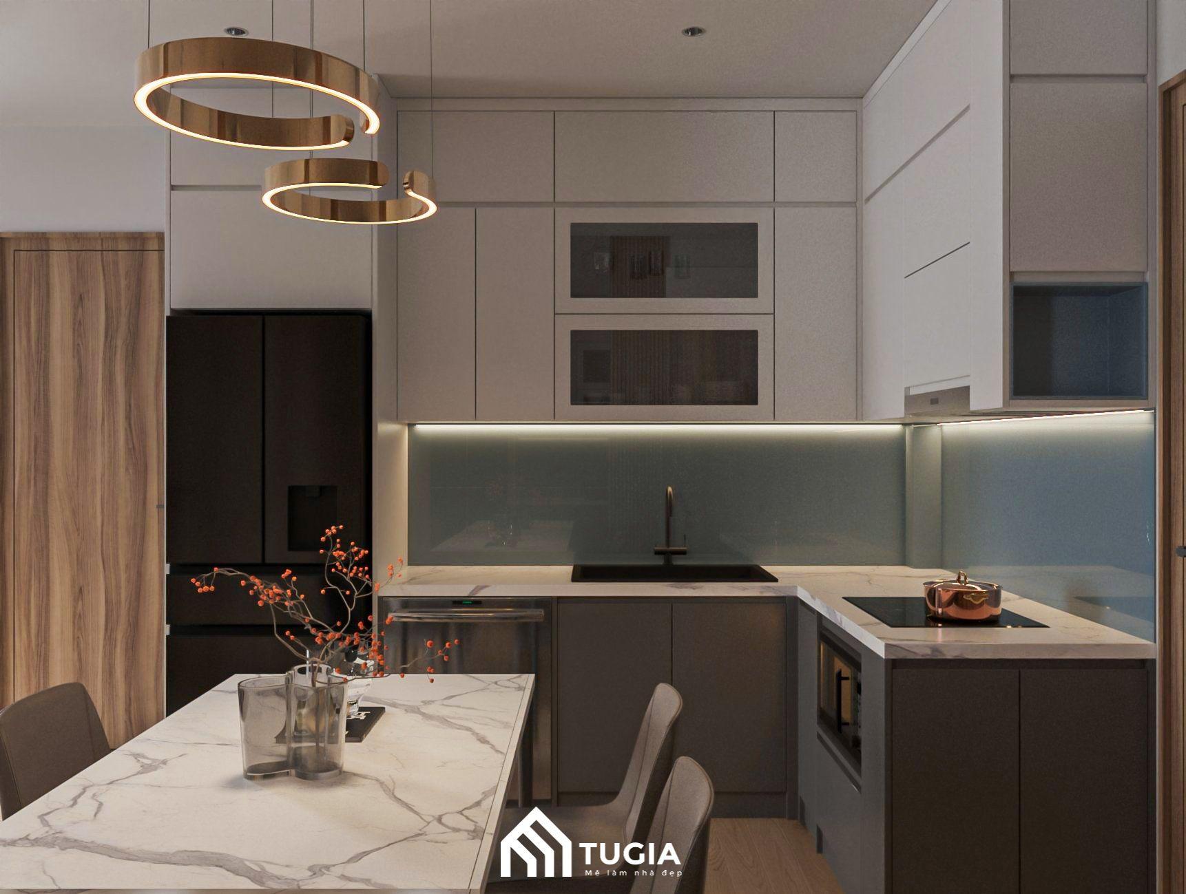 Thiết kế tủ bếp chữ L cao áp trần phối cùng đèn Led giúp tối ưu diện tích, ánh sáng cho không gian bếp