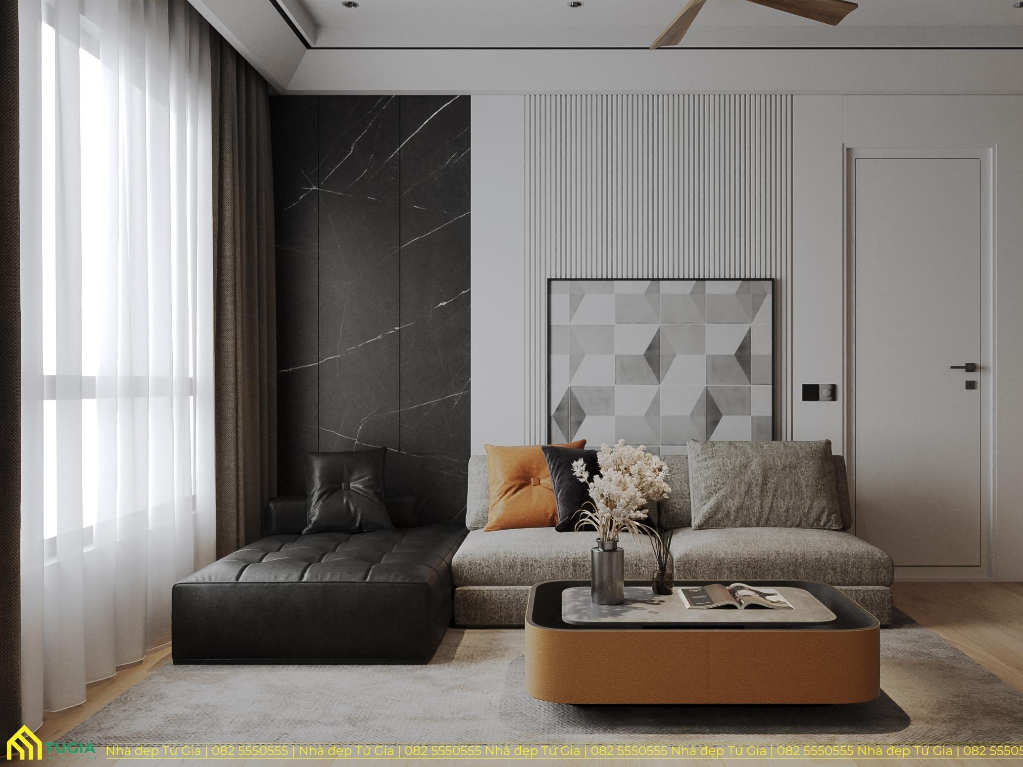 Phòng khách hiện đại với bộ sofa tone màu trung tính mang lại cảm giác ấm cúng