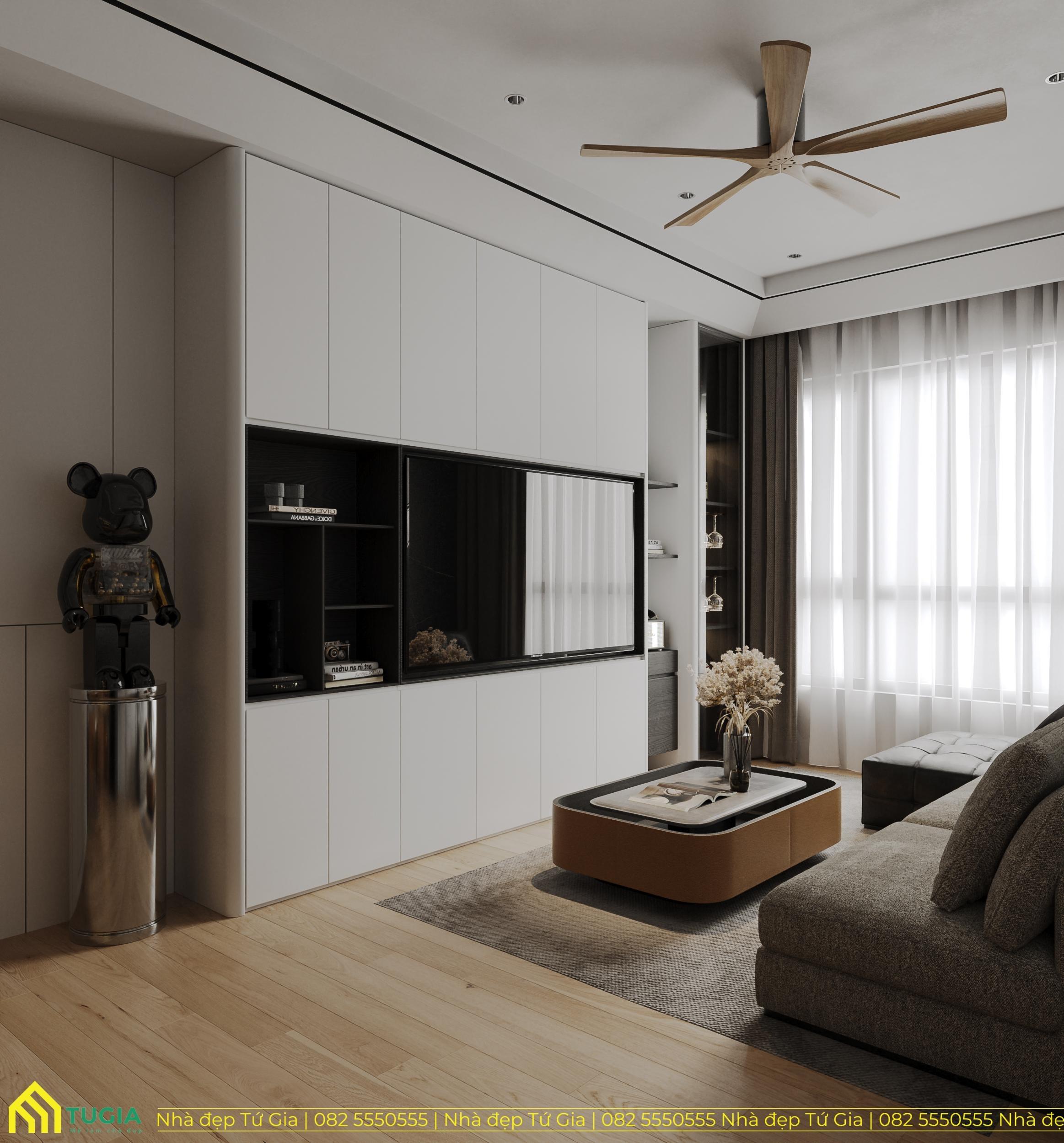 Thiết kế kệ ti vi âm tường thông minh kết hợp kệ để đồ cực hiện đại