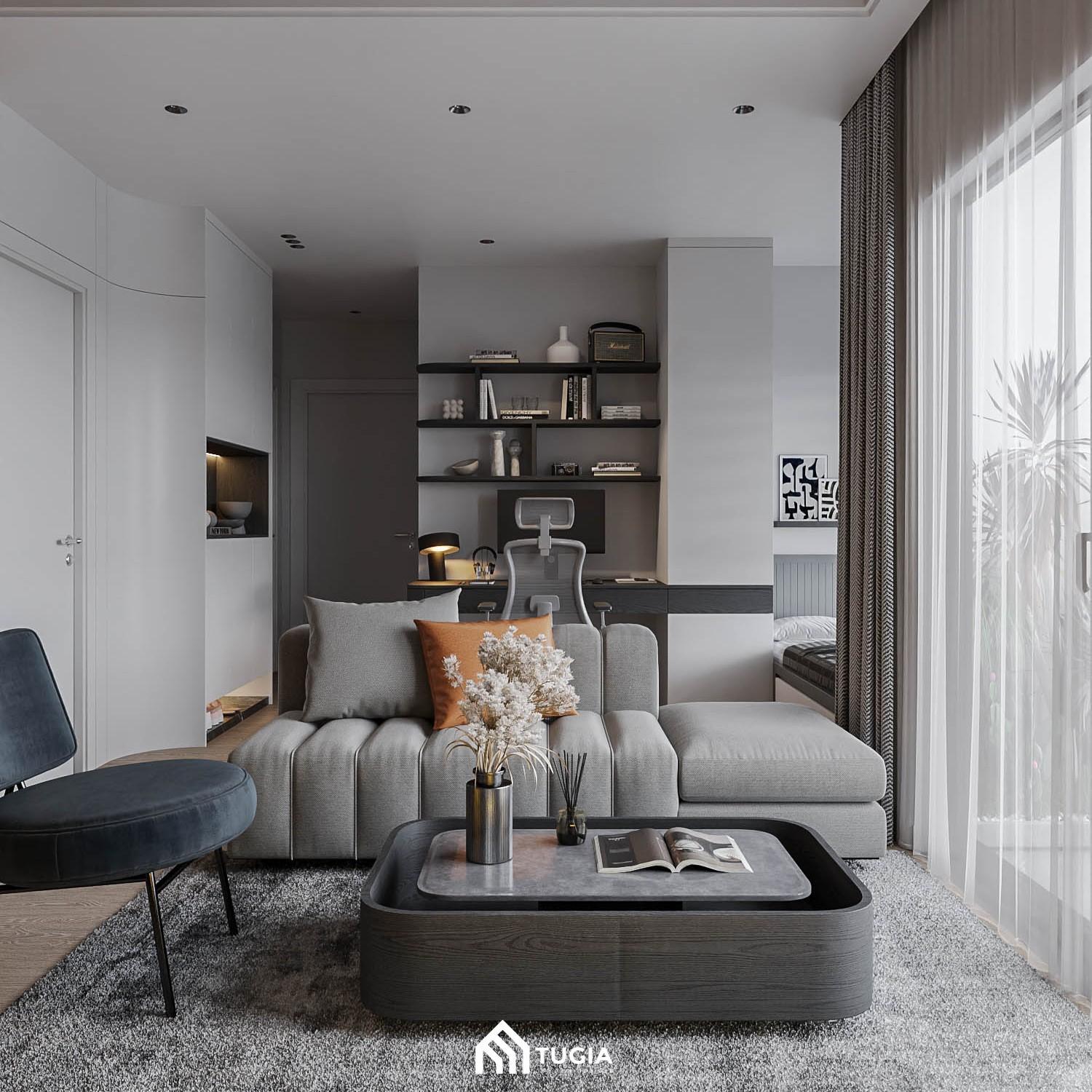 Không gian phòng khách được bố trí kết hợp phòng làm việc để giúp gia chủ xử lý nhanh chóng những công việc còn tồn đọng