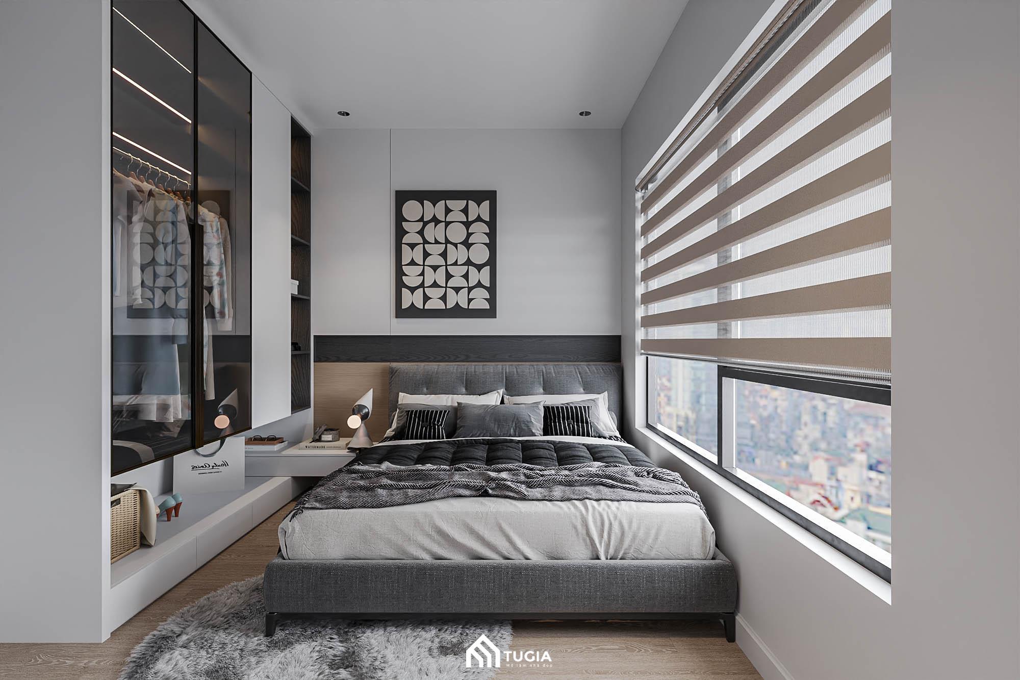 Phòng ngủ phụ được thiết kế theo phong cách hiện đại với cửa sổ lớn kèm rèm thông minh