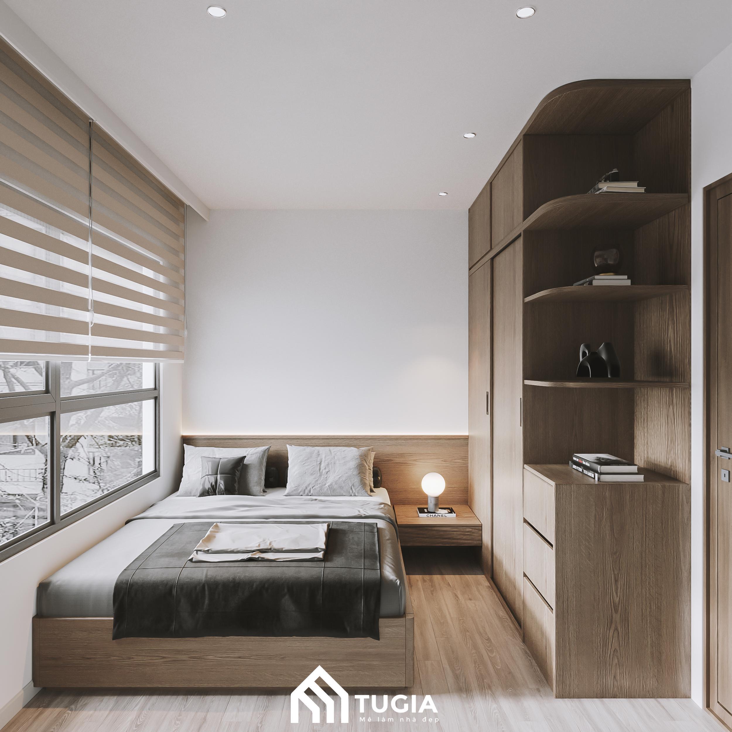 Giường gỗ thấp tạo sự ấm áp và gần gũi, kết hợp với tông màu trung tính của chăn gối để mang lại sự hài hòa