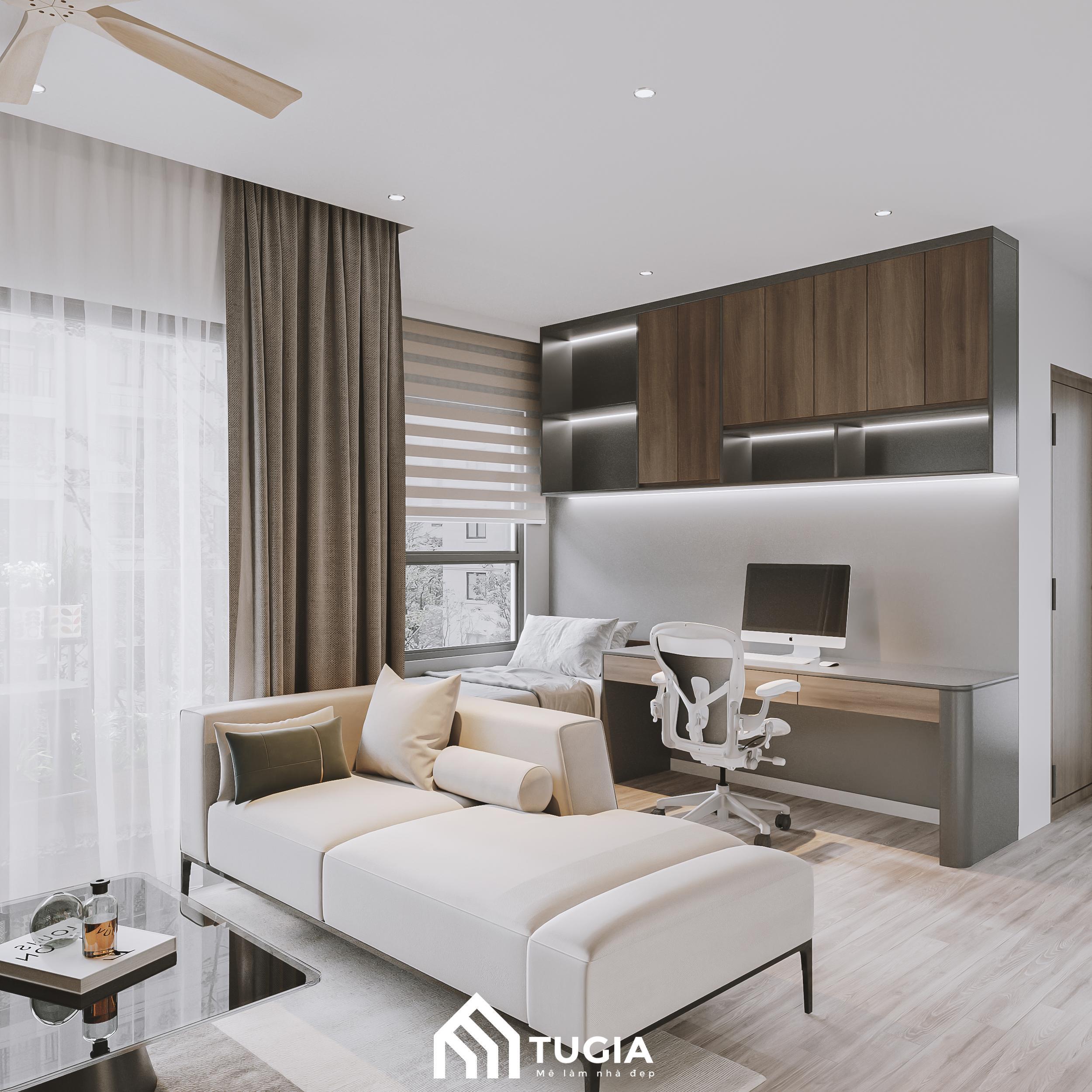 Bố trí bàn làm việc ở sau ghế sofa giúp Anh Quân giải quyết được những công việc còn dang dở ở trên công ty