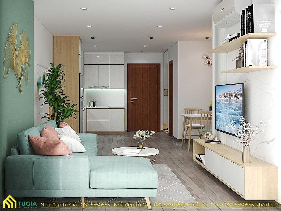 Phòng khách được thiết kế hiện đại, tinh tế với bố cục mở giúp không gian rộng rãi hơn