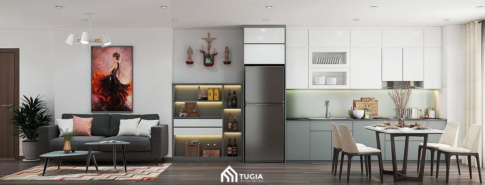 Căn hộ của Anh Đông được bố trí phòng khách liền bếp để giúp không gian được mở rộng hơn