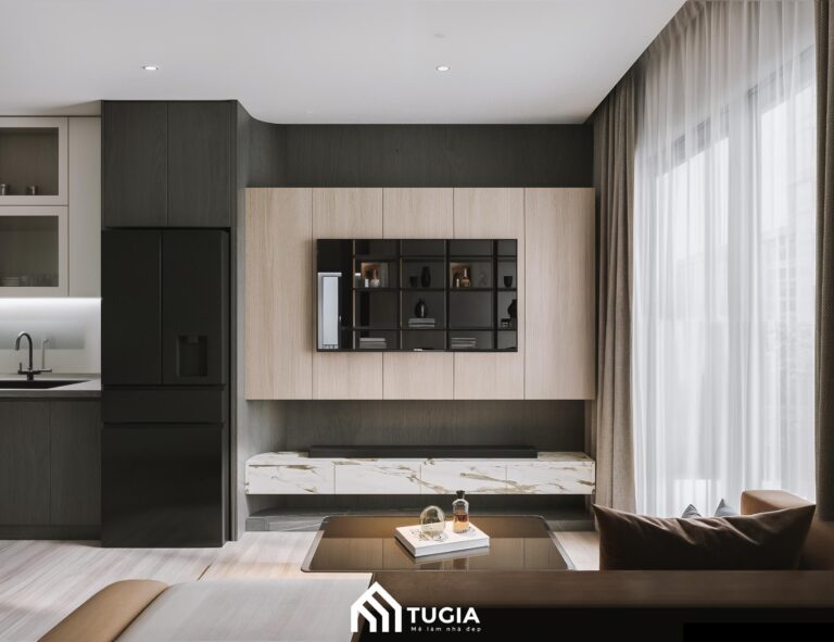 Phòng khách với tone màu trung tính kết hợp nội thất tối giản nhưng sang trọng, tạo cảm giác rộng rãi và thoải mái