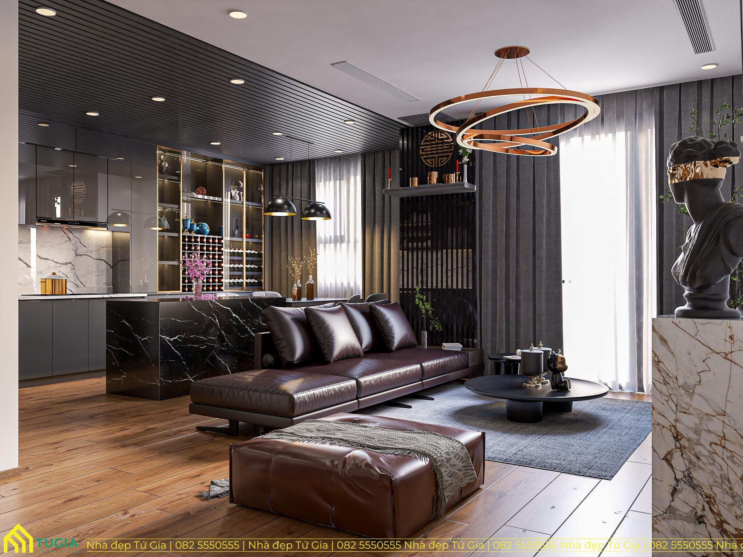 Phòng khách rộng thoáng, nổi bật với bộ sofa da cao cấp cùng thiết kế sang trọng, đẳng cấp