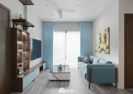 Thiết kế phòng khách phong cách hiện đại tông màu trắng kết hợp xanh da trời tươi mới