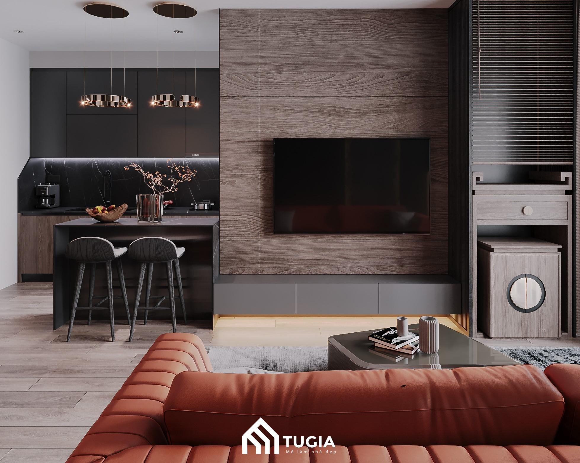 Phòng khách được thiết kế với sofa da sang trọng, bàn trà mặt kính cùng hệ thống đèn chùm tinh xảo