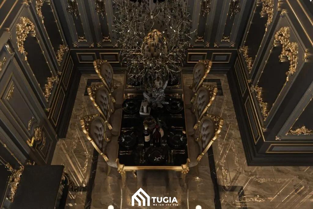 Điểm nổi bật nhất của không gian phòng ăn là bộ bàn ghế bằng gỗ tự nhiên cao cấp được trạm khắc họa tiết hoa văn cầu kì