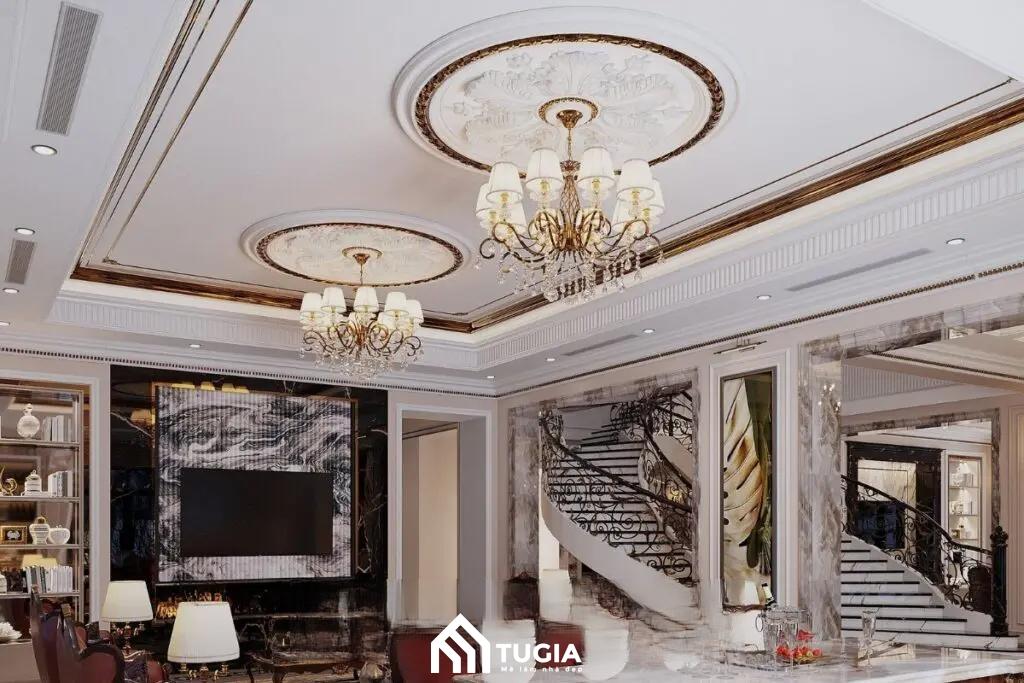 Không gian phòng khách của biệt thự Luxury nổi bật với nội thất chất liệu cao cấp với mức chi phí cao