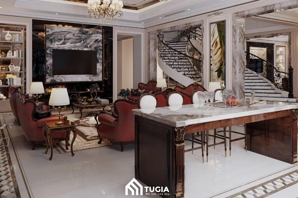 Kệ tivi ấn tượng và đầy tính nghệ thuật bằng đá tự nhiên nguyên khối tạo điểm nhấn cho không gian phòng khách của mẫu biệt thự luxury