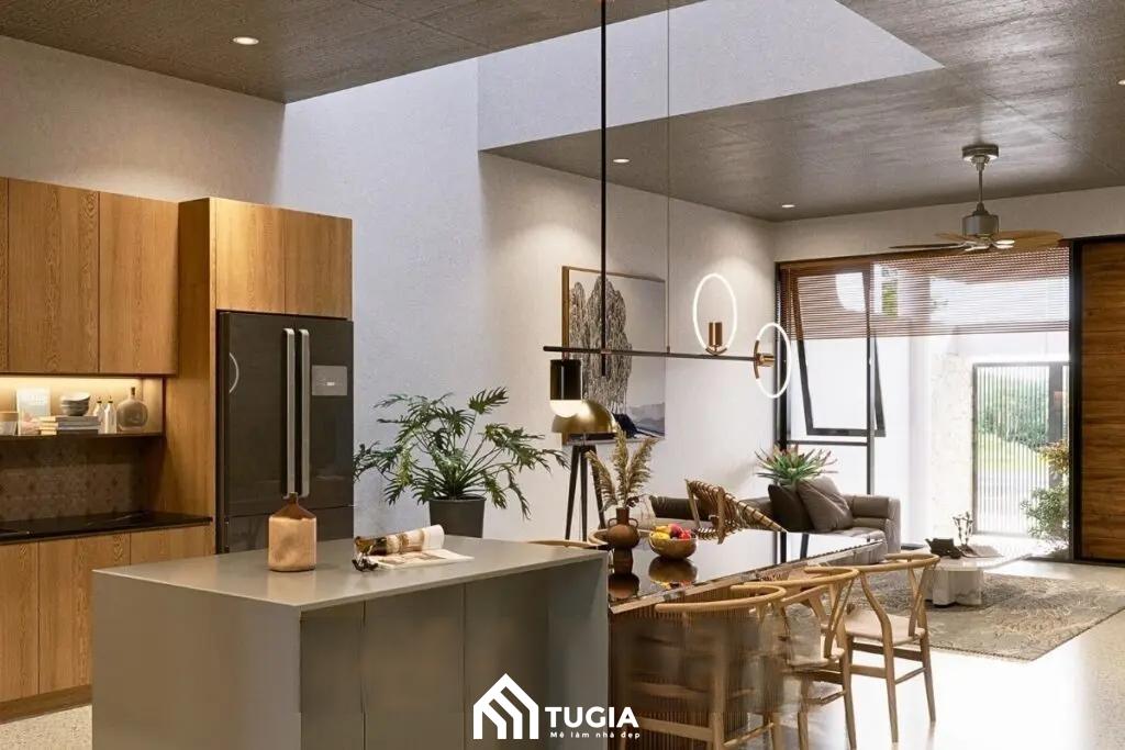 Điểm nhấn của phòng khách căn biệt thự hiện đại đó là chiếc kệ tivi có thiết kế gọn gàng không cầu kỳ mà cực thu hút