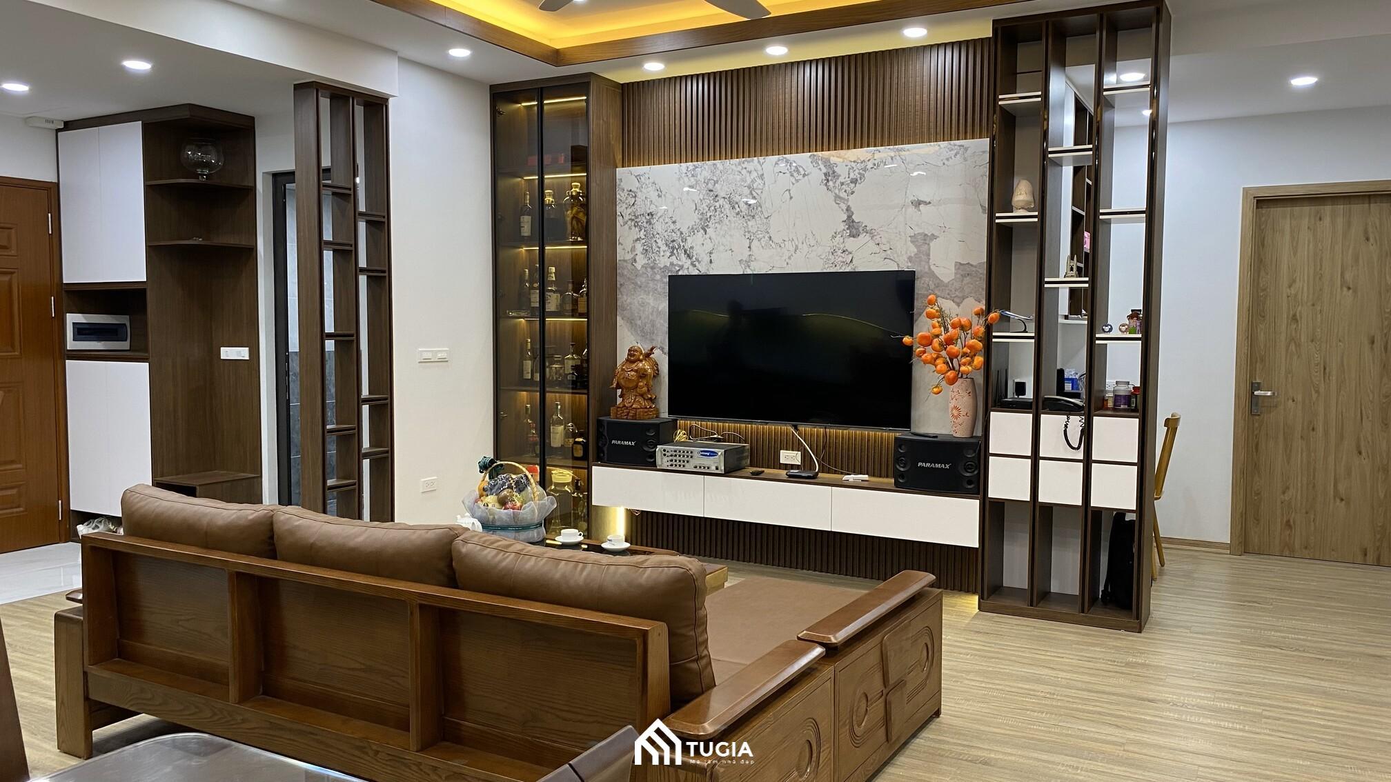 Thi công nội thất chung cư 50m2 1 phòng ngủ tại Mỹ Đình với việc kết hợp 2 chất liệu là gỗ tự nhiên và gỗ công nghiệp