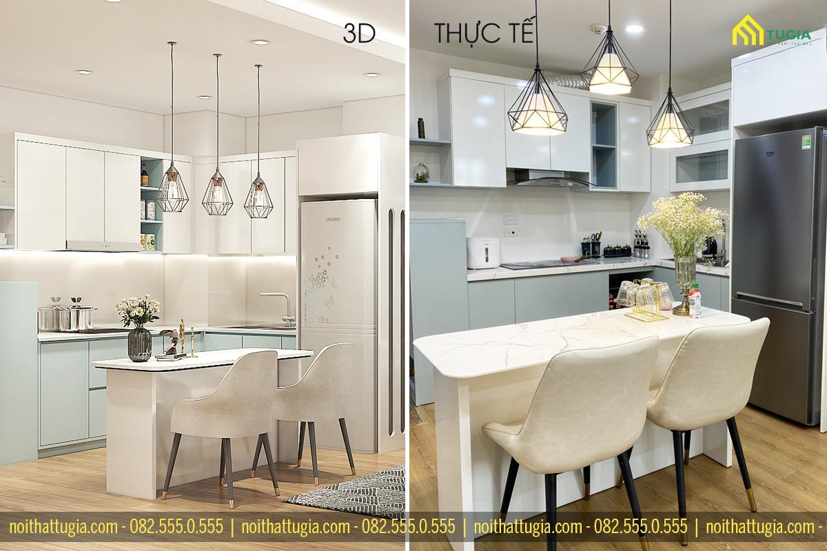 Hình ảnh thi công thực tế tại căn hộ cung cư Pimec 2 phòng ngủ diện tích 52m2 do Nội thất Tứ Gia thực hiện