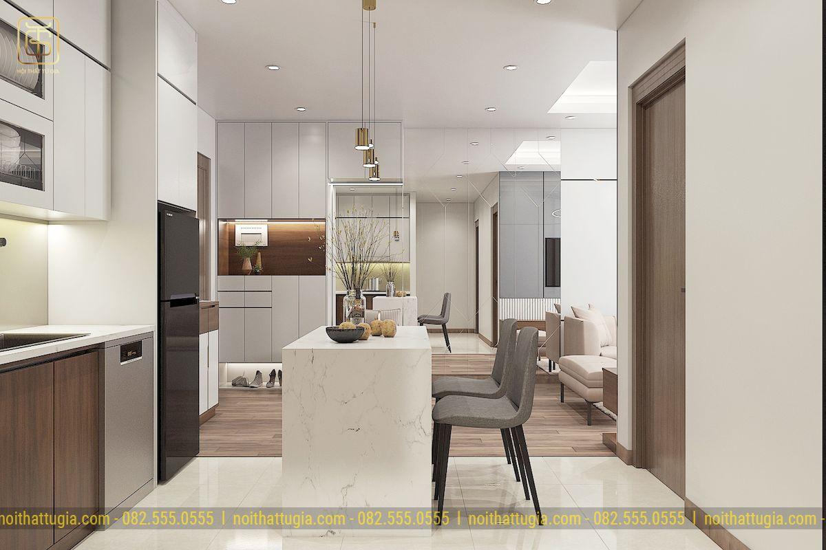 Mẫu thiết kế bếp chung cư đẹp có thêm quầy bar làm bàn ăn giúp tối ưu hóa không gian và tăng tính thẩm mỹ