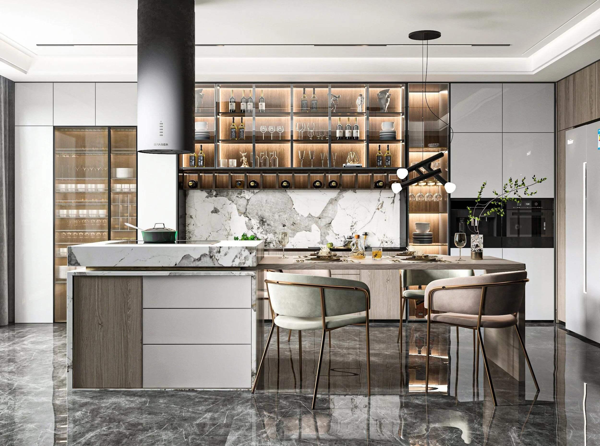 Thiết kế tủ bếp chung cư 3 phòng ngủ phong cách luxury được xem là phương án phù hợp nhất hiện nay
