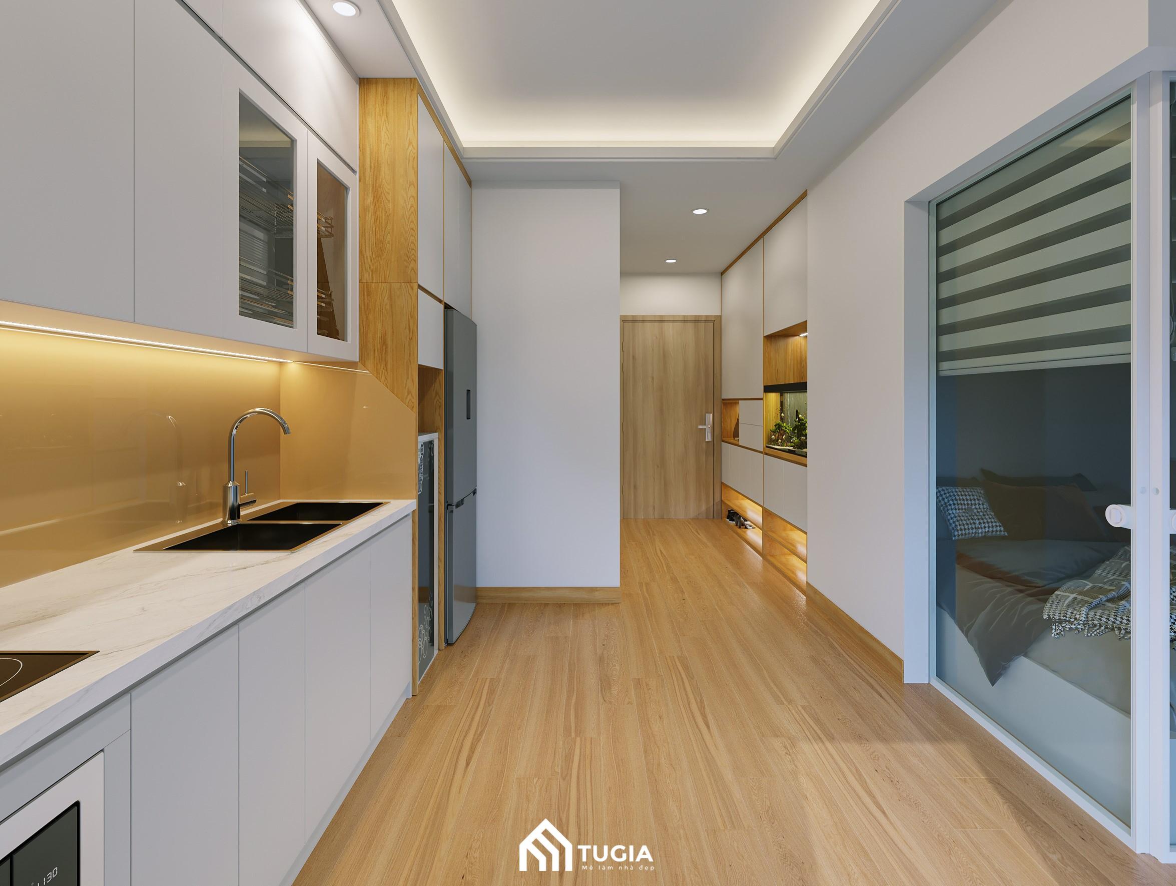 Thiết kế bếp chung cư theo hình chữ I được bố trí mở giúp mở rộng không gian