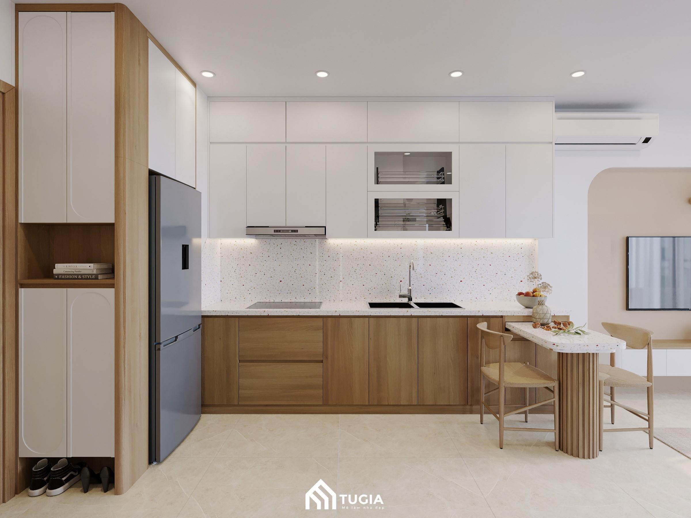 Mẫu tủ bếp chữ L tiện nghi kết hợp lối thiết kế mở cho không gian căn hộ chung cư