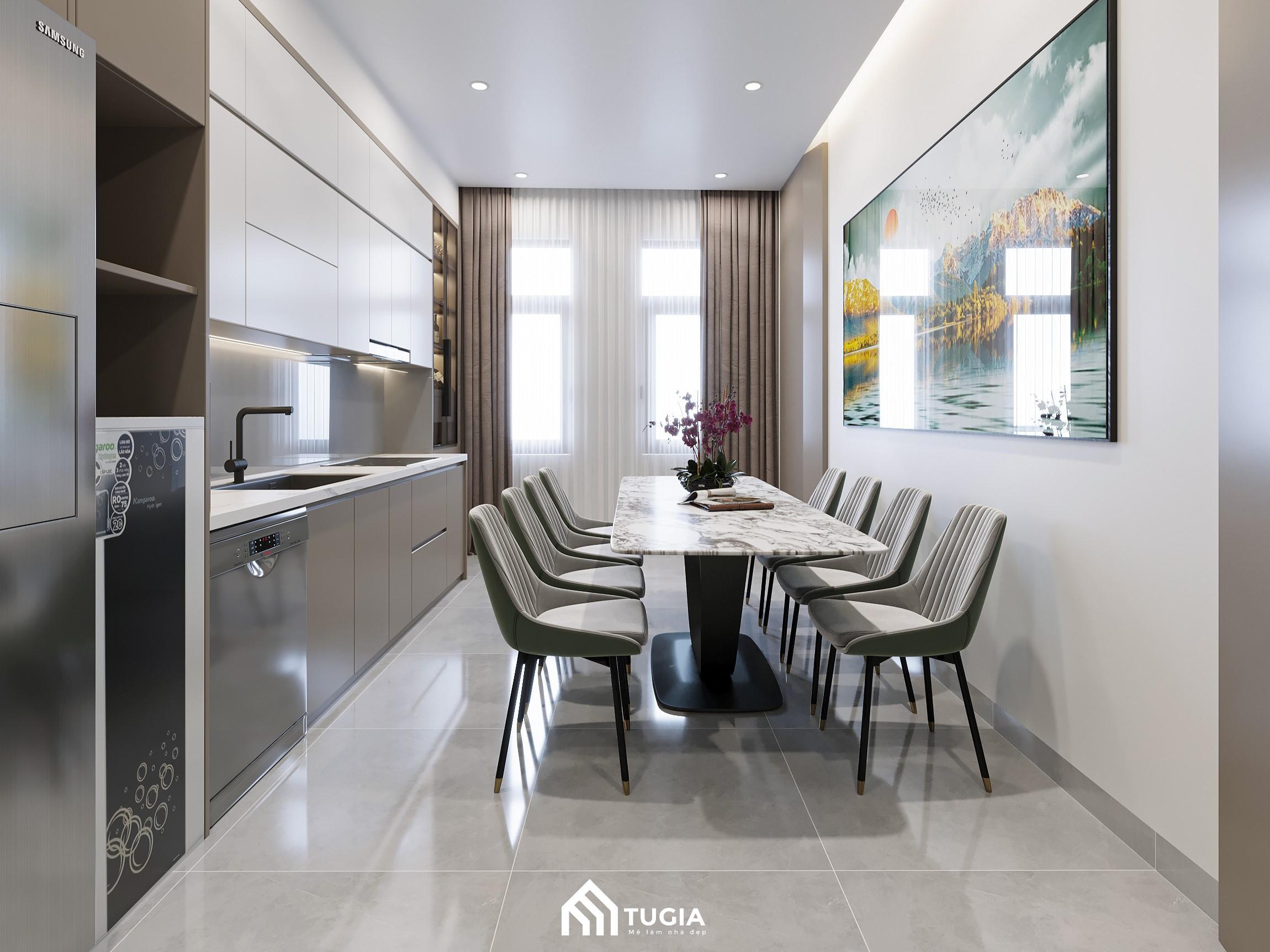 Nội thất Tứ Gia thiết kế phòng bếp chung cư kết hợp phòng ăn nhỏ gọn