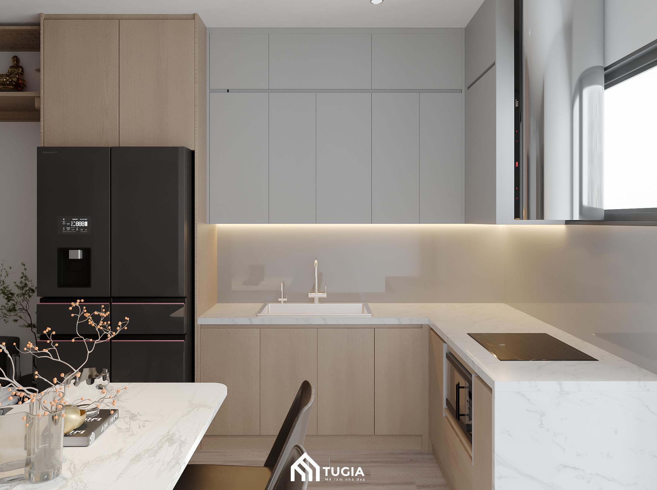 Thiết kế phòng bếp chung cư đẹp hình chữ L nhỏ gọn với đầy đủ công năng cơ bản