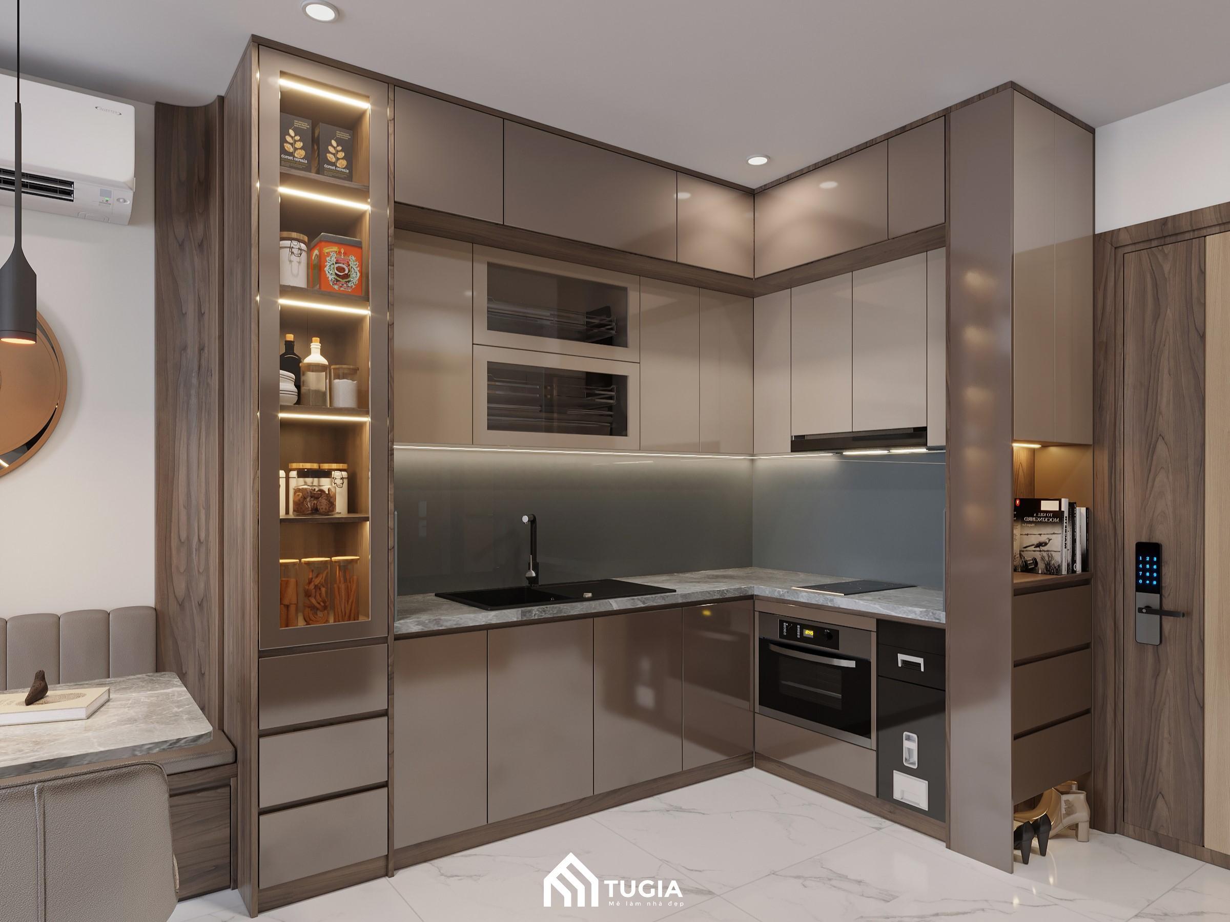 Mẫu bếp chung cư đẹp với hệ tủ bếp inox cánh kính hiện đại với chi phí phải chăng