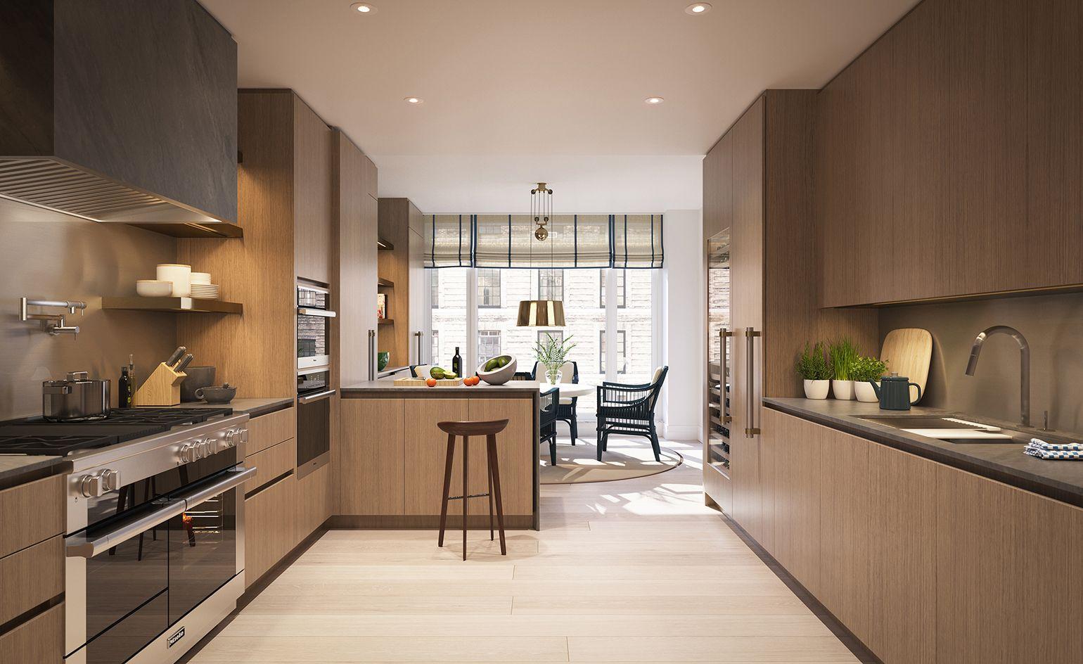 Mẫu thiết kế bếp chung cư 3 ngủ sẽ đươc bố trí đầy đủ những đồ nội thất cần thiết như tủ bếp, bàn đảo, tủ để đồ,...