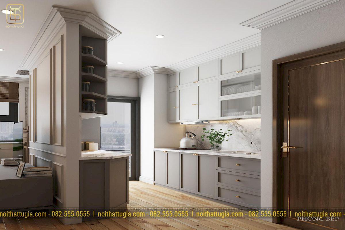Tuy thiết kế theo phong cách tân cổ điển nhưng bếp chung cư vẫn nên ưu tiên những đồ nội thất nhỏ gọn, phù hợp với kích thước không gian