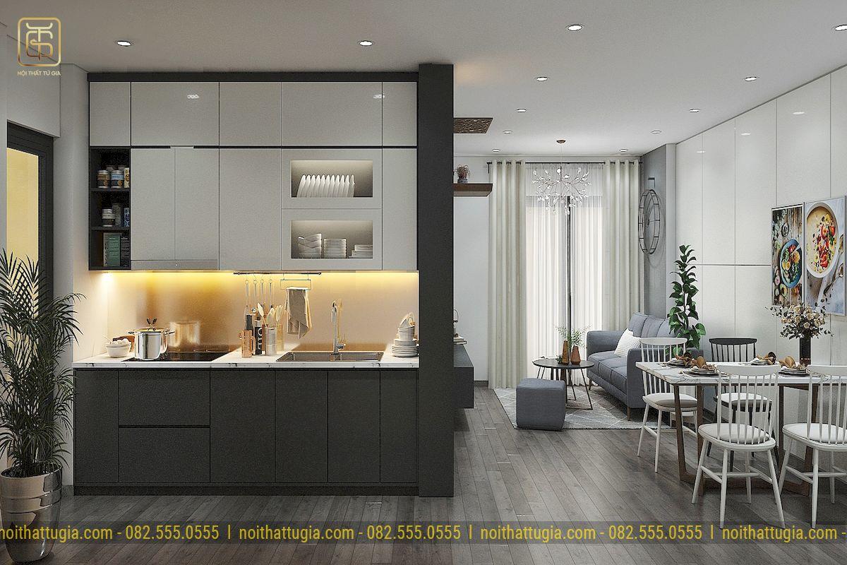 Thiết kế bếp chung cư bằng gỗ công nghiệp sẽ có mức chi phí rẻ nên phù hợp với nhiều gia chủ