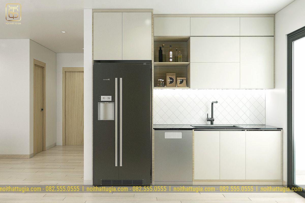 Thiết kế bếp chung cư nhỏ sẽ chỉ có những đồ nội thất thực sự cần thiết như tủ bếp, tủ ôm tủ lạnh, bồn rửa và bếp nấu