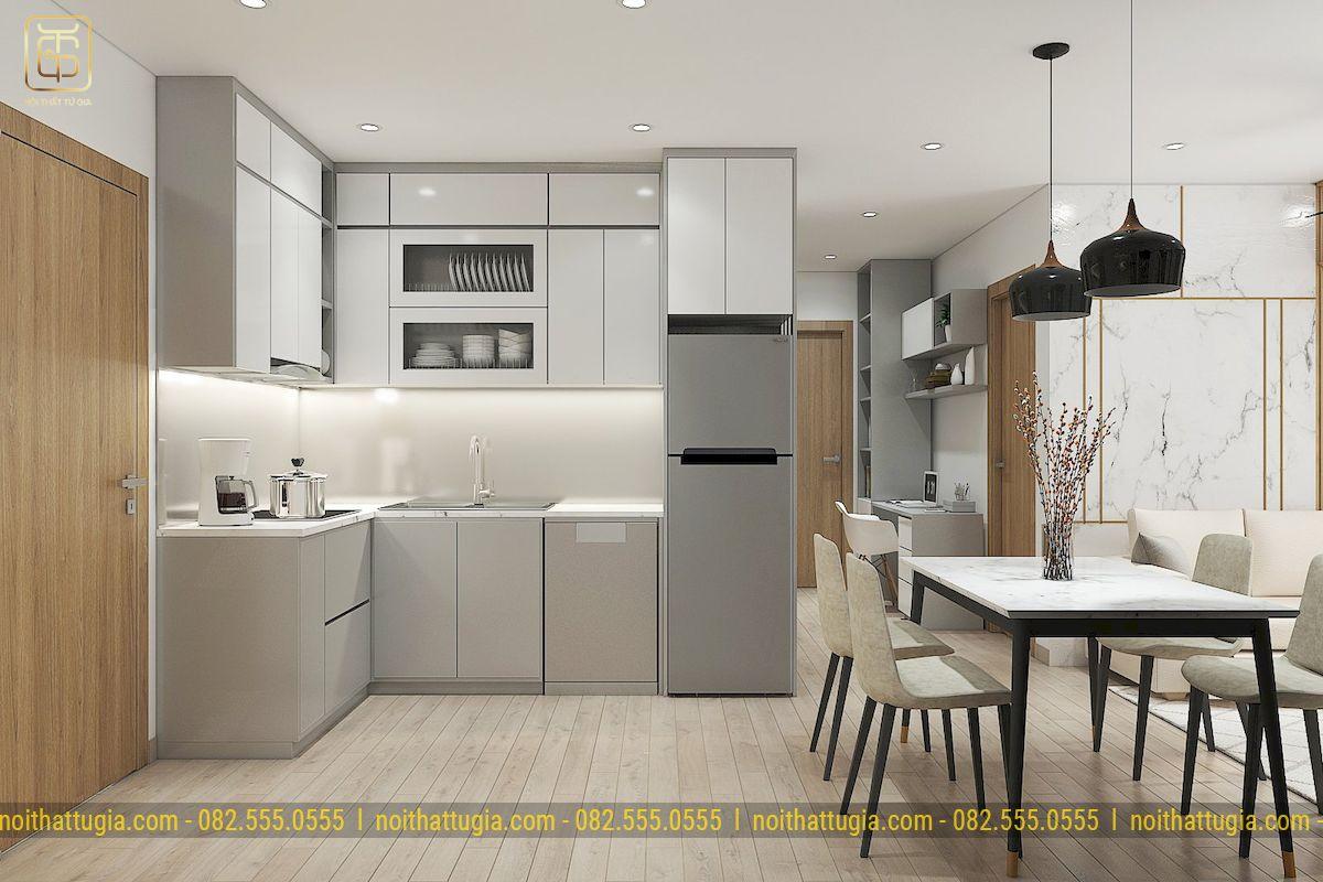 Tủ bếp nhỏ hình chữ L đảm bảo công năng sử dụng giúp tận dụng tối đa diện tích