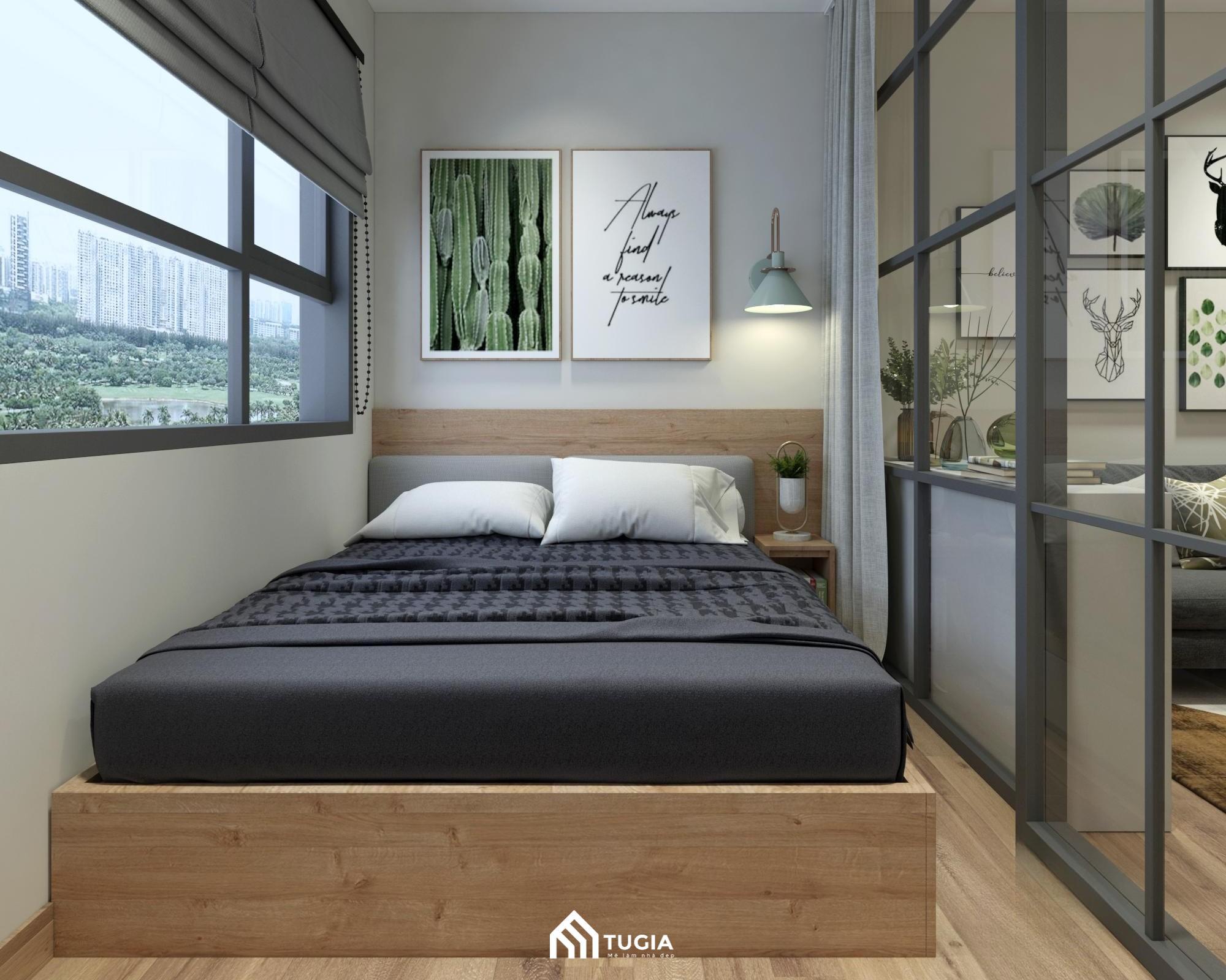 Phòng ngủ được ngăn cách bằng hệ cửa kính khung sắt vừa đảm bảo tính riêng tư vừa tạo chiều sâu cho căn hộ, đồng thời không làm mất đi sự thông thoáng
