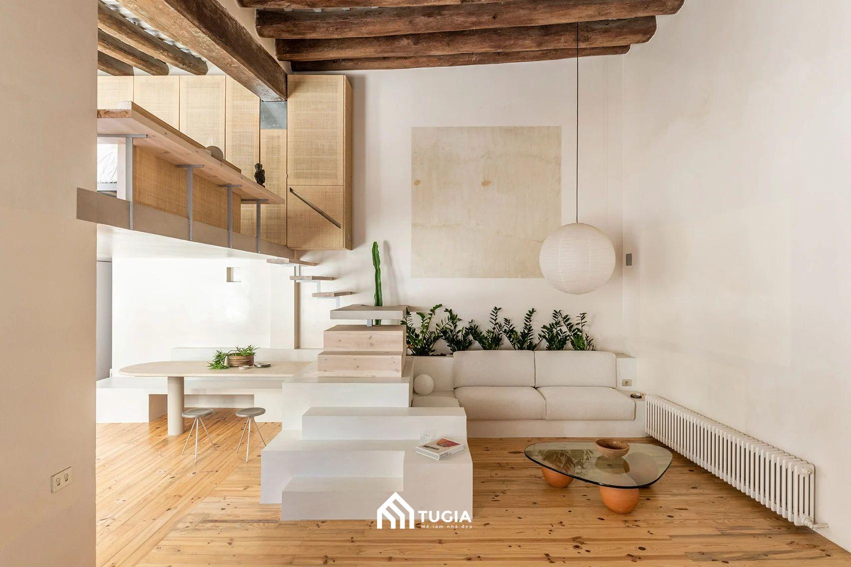 Thiết kế studio 30m2 phong cách Wabi Sabi ấm cúng, nhẹ nhàng với đặc trưng là các chất liệu như gỗ, tre,..
