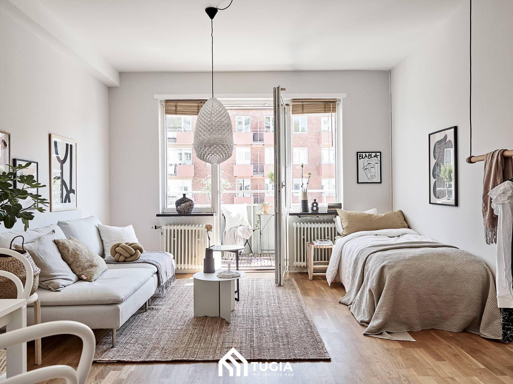 Thiết kế căn hộ studio 30m2 với gam màu trung tính giúp không gian trở nên thoáng đãng hơn