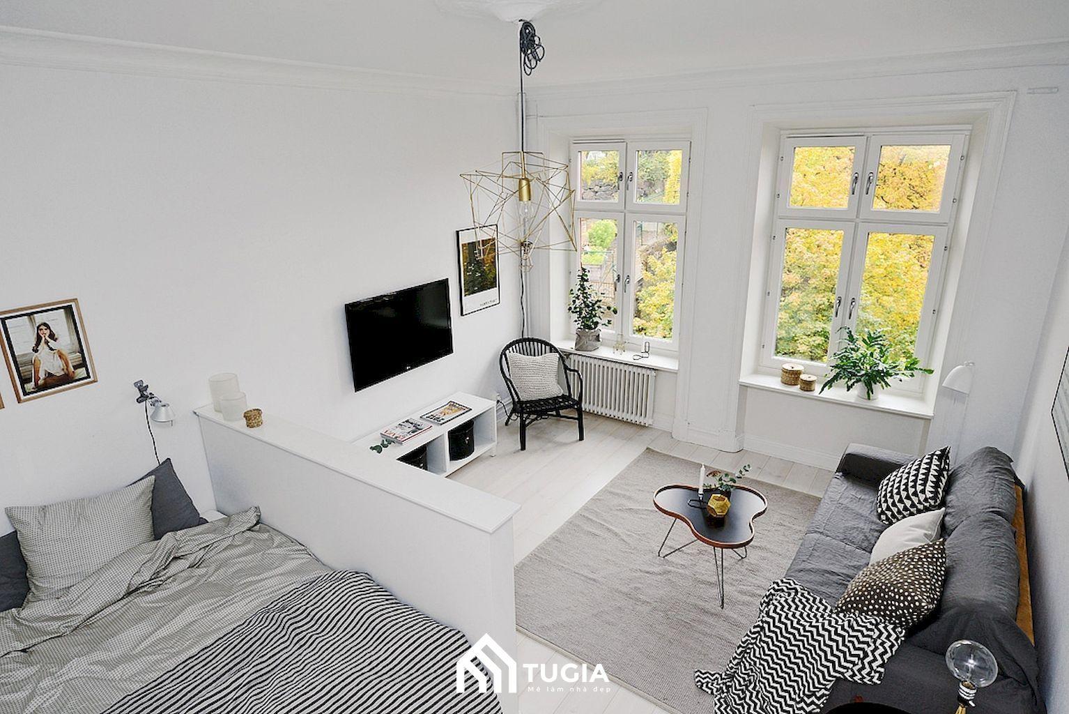 Nội thất Tứ Gia thiết kế chung cư mini 30m2 kiểu tối giản sẽ chỉ sử dụng những đồ nội thất cơ bản như giường ngủ, tủ quần áo, ghế sofa