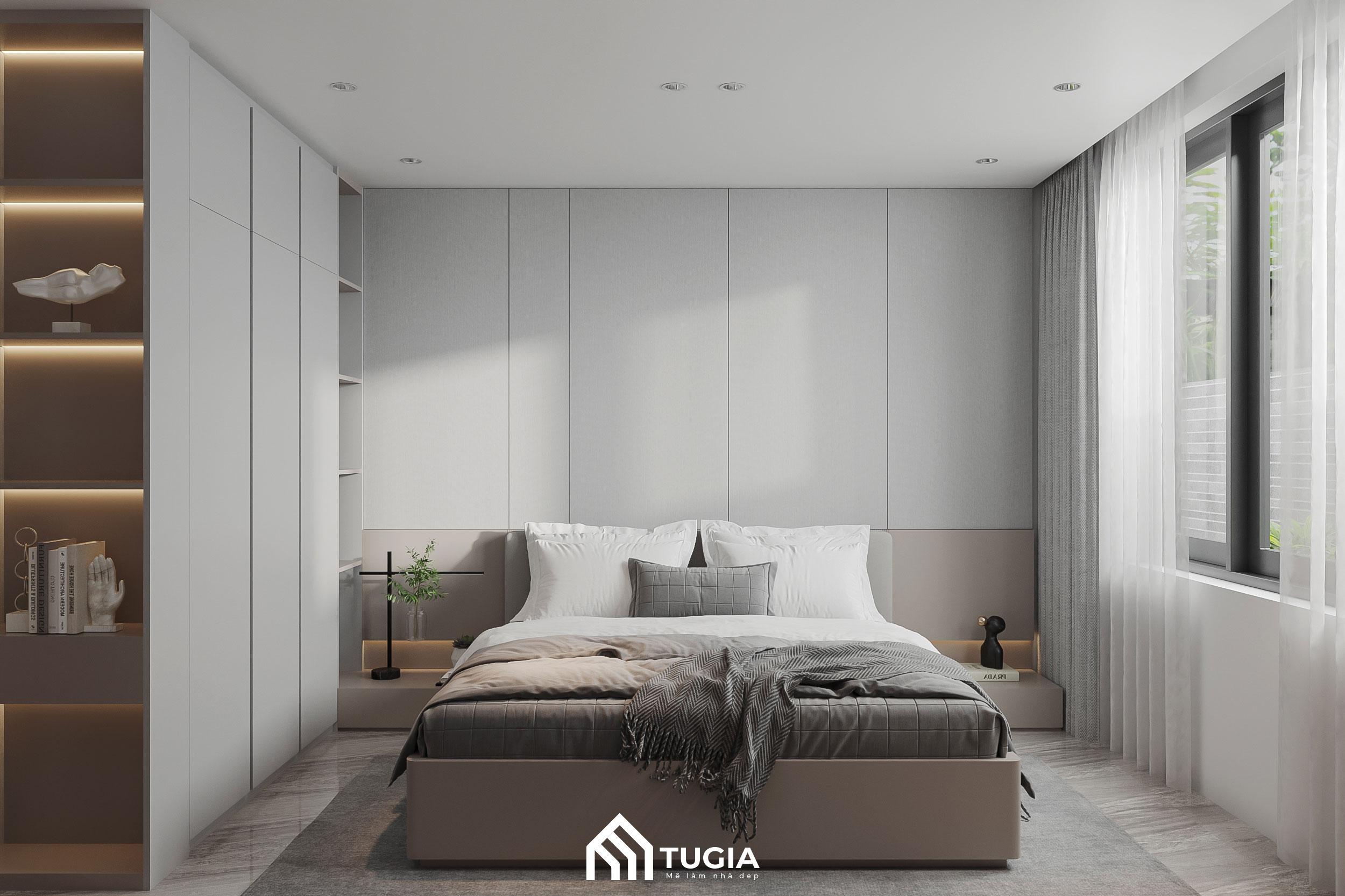 Phòng ngủ của vợ chồng Anh Tụ được thiết kế theo phong cách hiện đại đơn giản với tone màu trắng chủ đạo