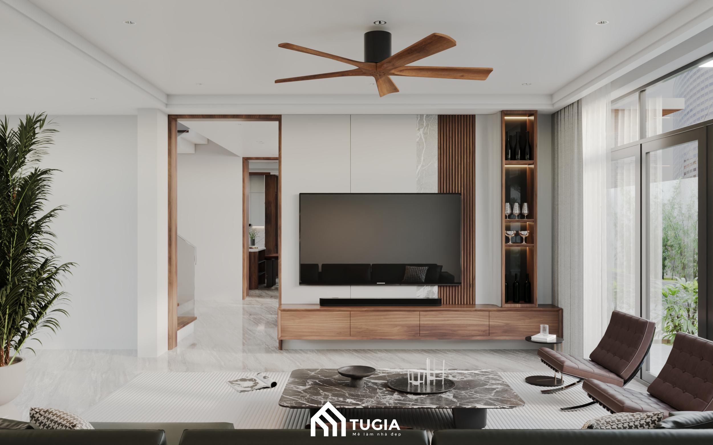 Mẫu 2: Nội thất biệt thự liền kề phong cách hiện đại với chất liệu gỗ tự nhiên chủ đạo do Nội thất Tứ Gia thiết kế
