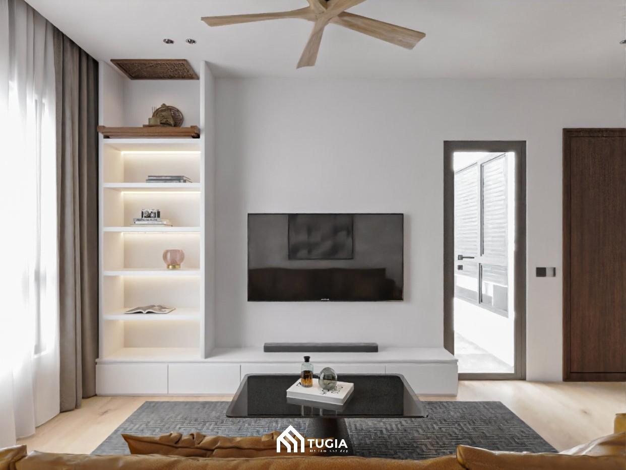 Phòng khách hiện đại với thiết kế kệ tivi kết hợp tủ trang trí tích hợp cả bàn thờ tối ưu diện tích