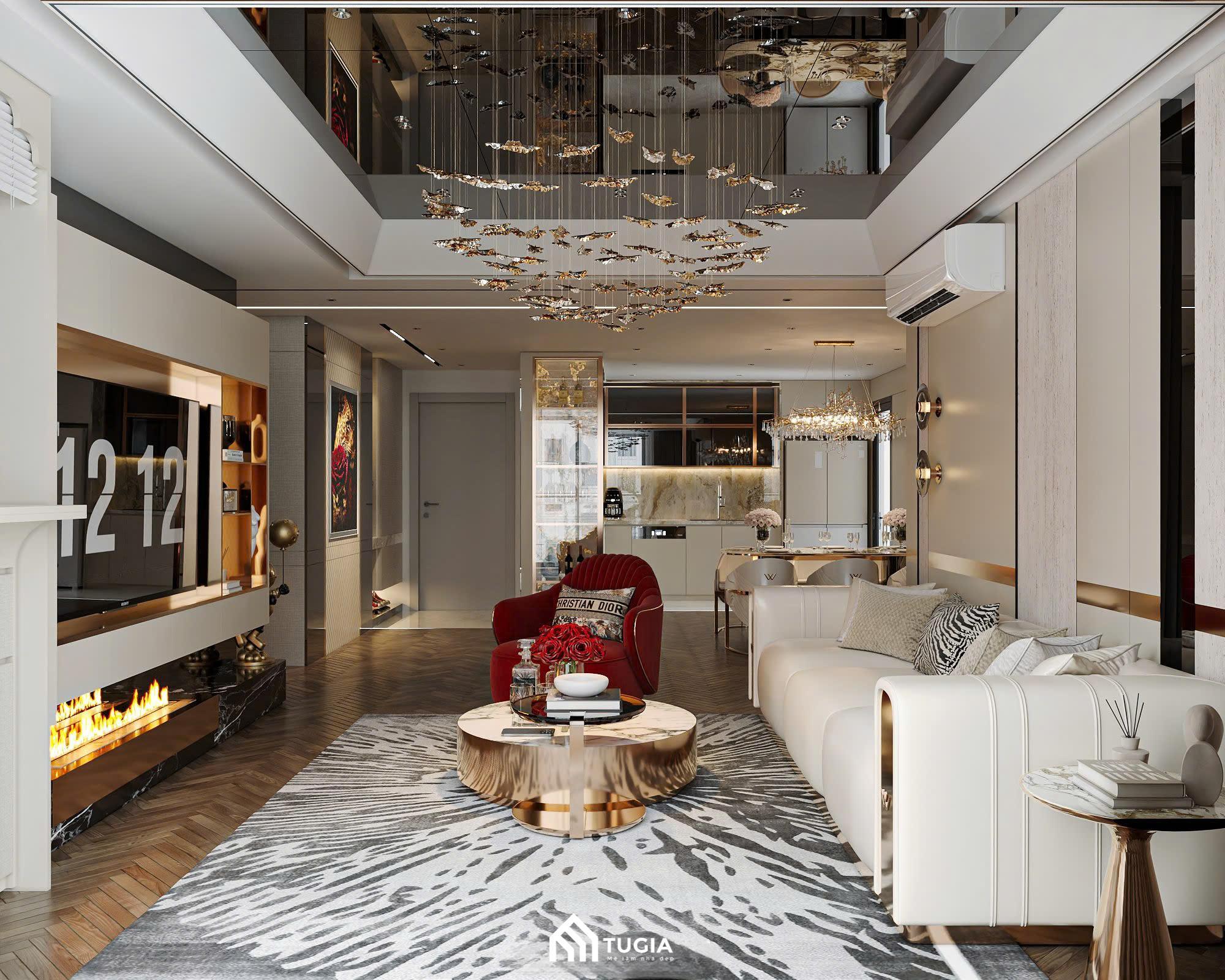 Căn hộ 100m2 được thiết kế mở với phòng khách liền bếp cao cấp tạo cảm giác thông thoáng